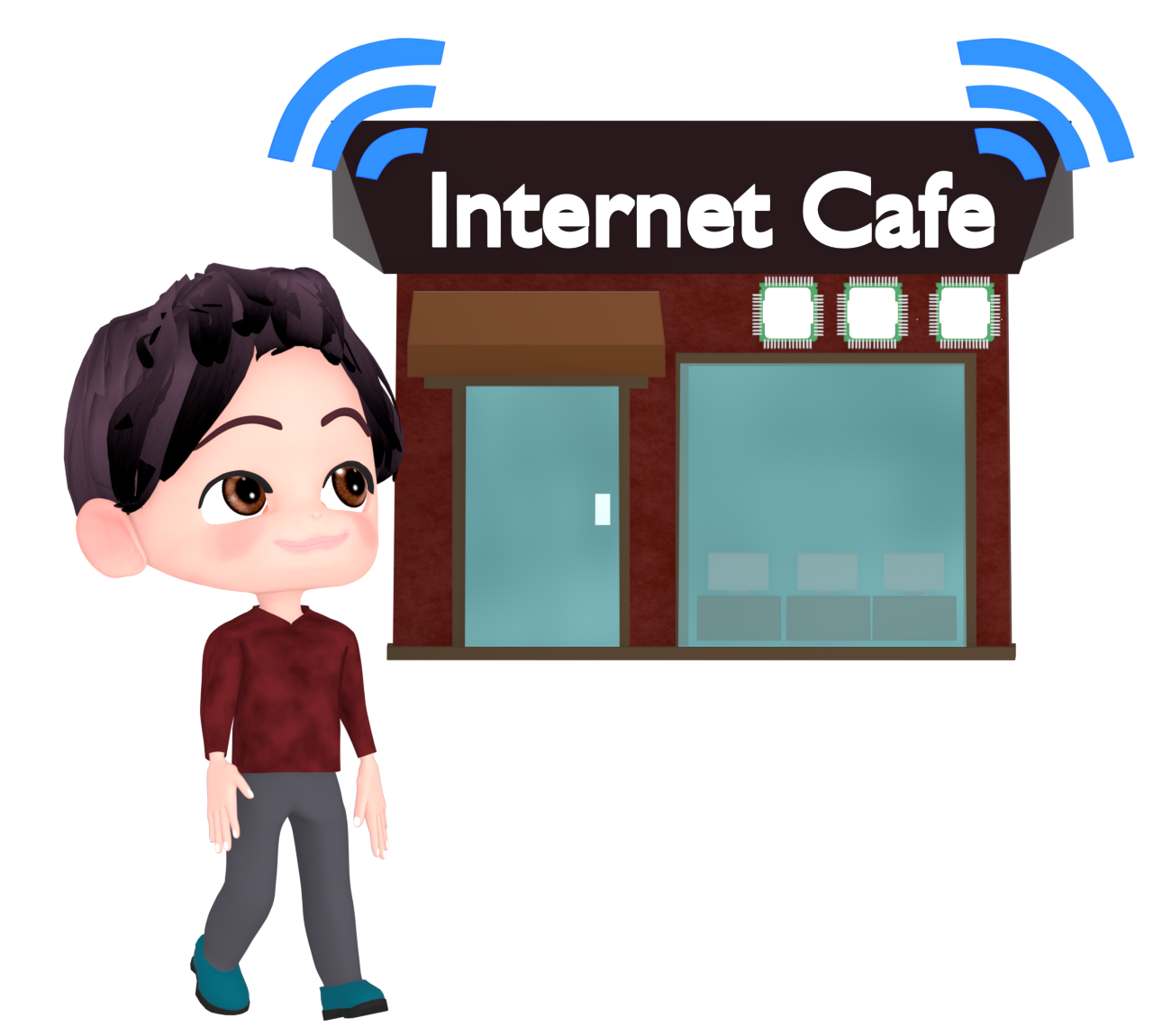 ネットカフェに来た男性のイラスト(外観) 7 ネットカフェに来た男性のイラスト(外観)