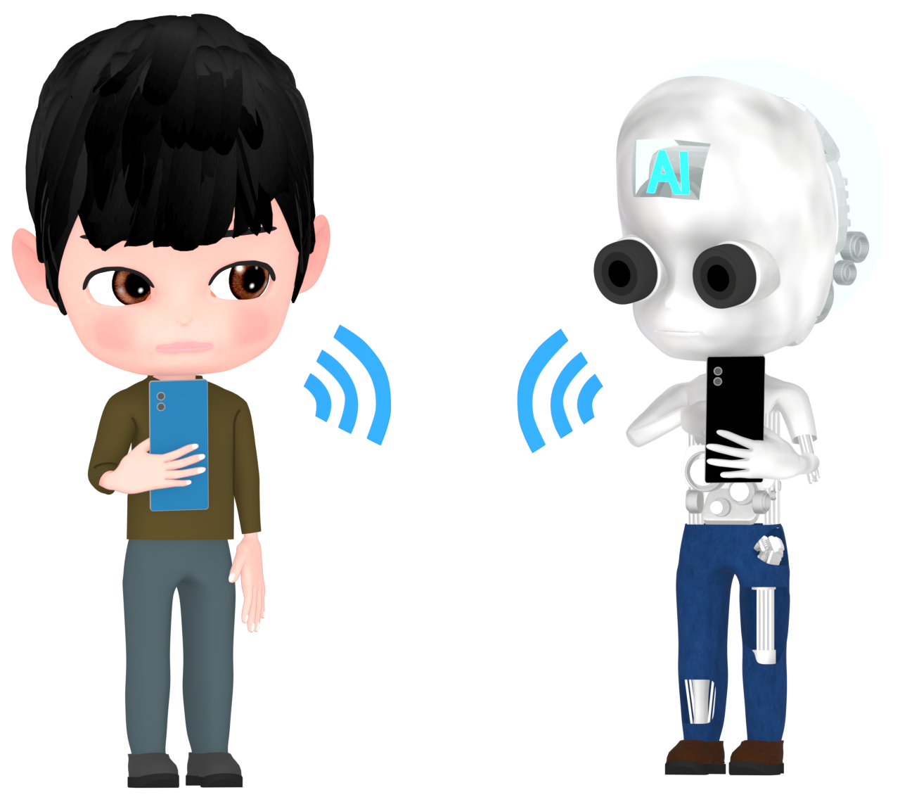 AIとスマホで会話をする人のイラスト