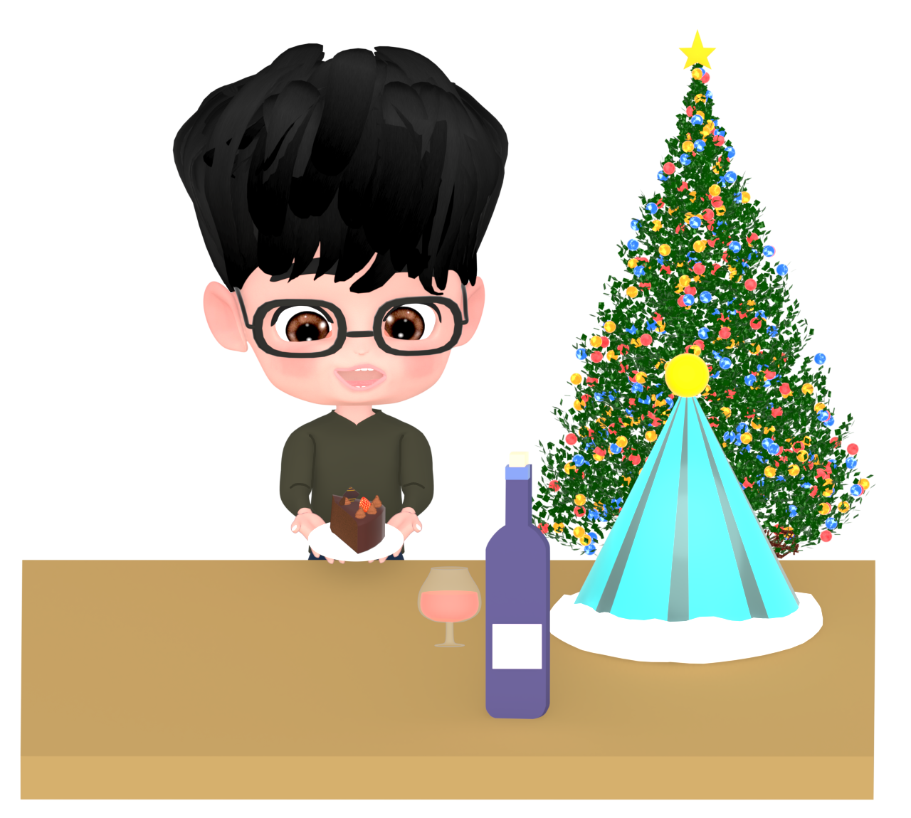 一人でクリスマスを祝う笑顔の男性のイラスト