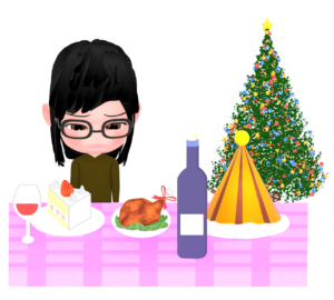 一人でクリスマスを祝う女性のイラスト