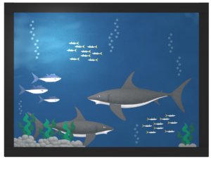 水族館の大型水槽で泳ぐサメのイラスト