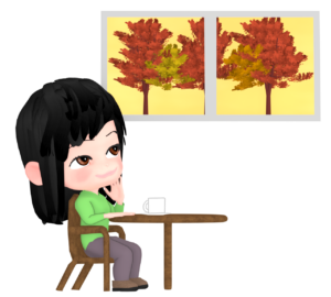 秋の喫茶店でコーヒーを飲む女性のイラスト
