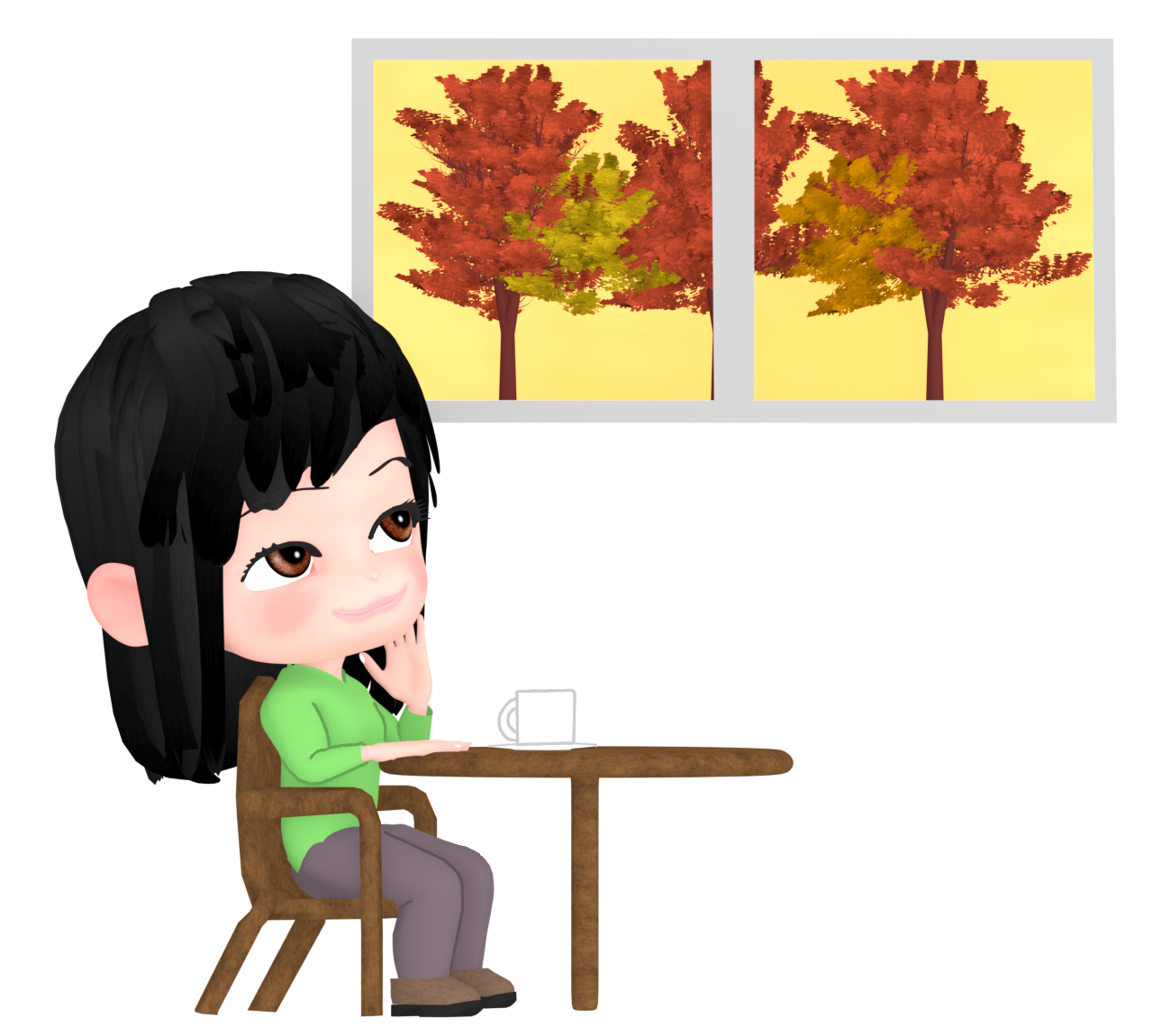 秋の喫茶店でコーヒーを飲む女性のイラスト 11 秋の喫茶店でコーヒーを飲む女性のイラスト