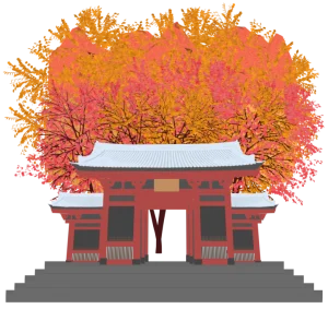 秋が訪れた紅葉に包まれるお寺のイラスト