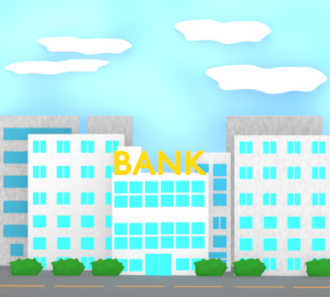 銀行がある町並みのイラスト