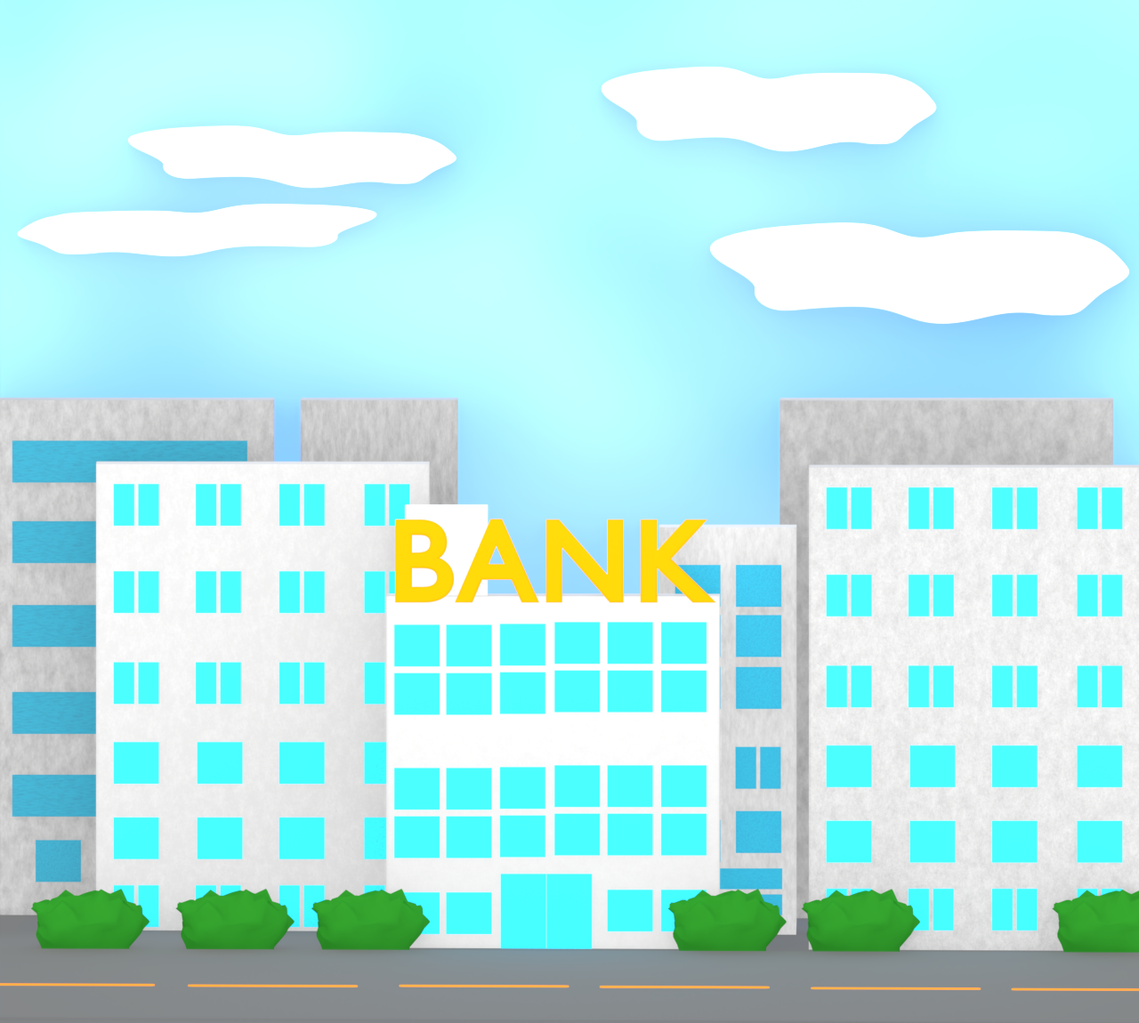 銀行がある町並みのイラスト