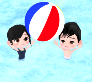 ビーチボールで遊ぶ女の子と男の子のイラスト