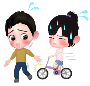 自転車に乗る子供とぶつかりそうな女性のイラスト