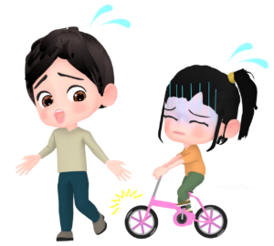 自転車に乗る子供とぶつかりそうな人のイラスト