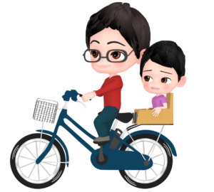 自転車を漕ぐお父さんとチャイルドシートに乗る子どものイラスト