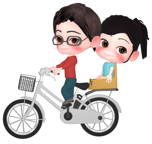 自転車を漕ぐお父さんとチャイルドシートに乗る子どものイラスト