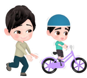 自転車から手を離す大人と怖がる子供のイラスト