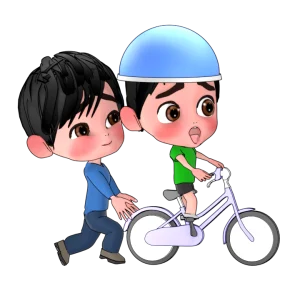 自転車から手を離す男性と子供のイラスト