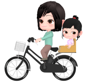 自転車を漕ぐ母とベビーシートに座る子供のイラスト