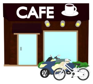 自転車とバイクが駐車する喫茶店のイラスト