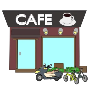 自転車とバイクが駐車する喫茶店のイラスト