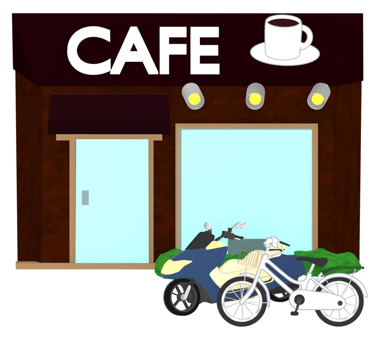 自転車とバイクが駐車する喫茶店のイラスト