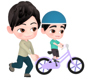 自転車を押す男性と子供のイラスト