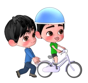 自転車を押す男性と子供のイラスト