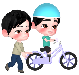 自転車を押す男性と子供のイラスト