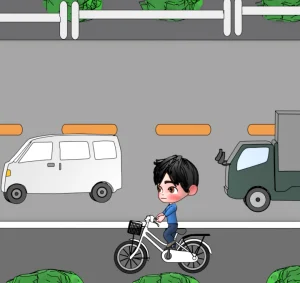 車の横を走る自転車のイラスト