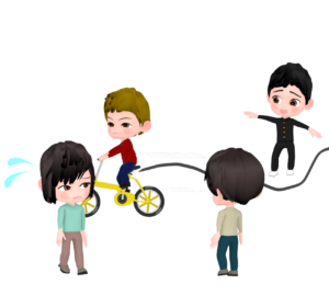 自転車で人の間をすり抜けるイラスト