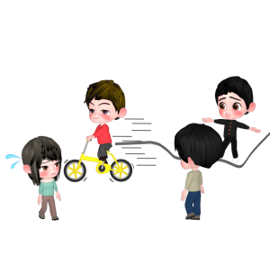 自転車で人の間をすり抜けるイラスト