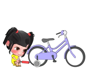 自転車のタイヤに空気を入れる女の子のイラスト