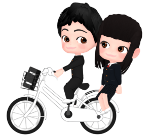 自転車で二人乗りをする学生のイラスト