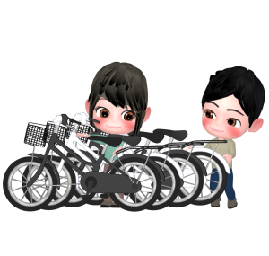 自転車を並べている男女のイラスト