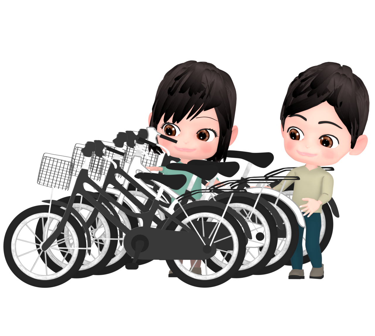 自転車を並べている男女のイラスト