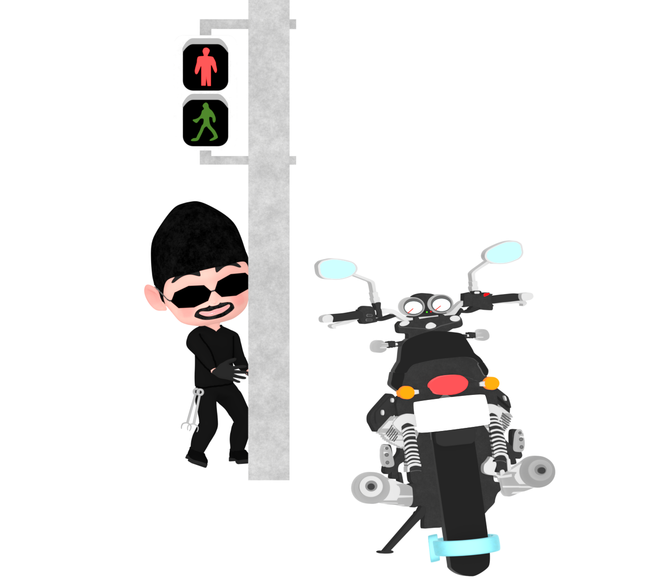 バイクを見る泥棒のイラスト