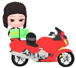 バイクを停めて地図を見る女性のイラスト