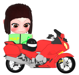 バイクを停めて地図を見る女性のイラスト