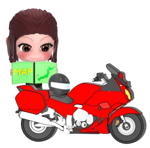 バイクを停めて地図を見る女性のイラスト