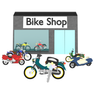 バイクショップで納車をしたイラスト
