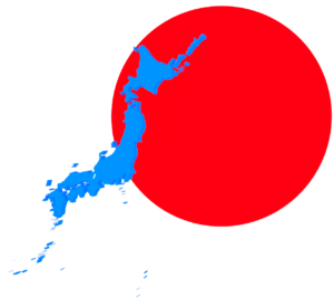 青色の日本地図と日の丸のイラスト