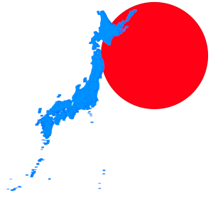 青色の立体日本地図と日の丸のイラスト