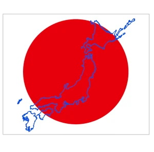 青色の日本列島と国旗のイラスト