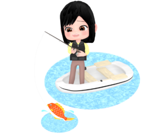 ボートで釣りをする女性のイラスト