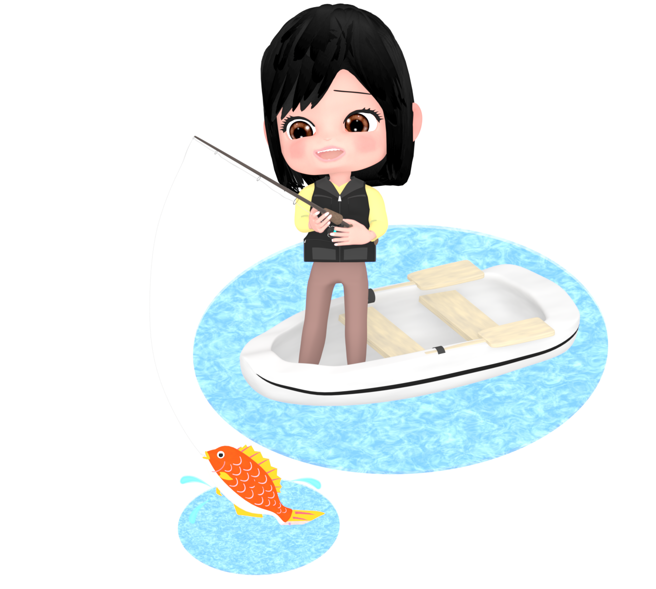 ボートで釣りをする女性のイラスト