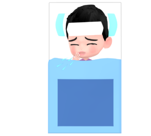 風邪で寝ながら咳をする男の子のイラスト