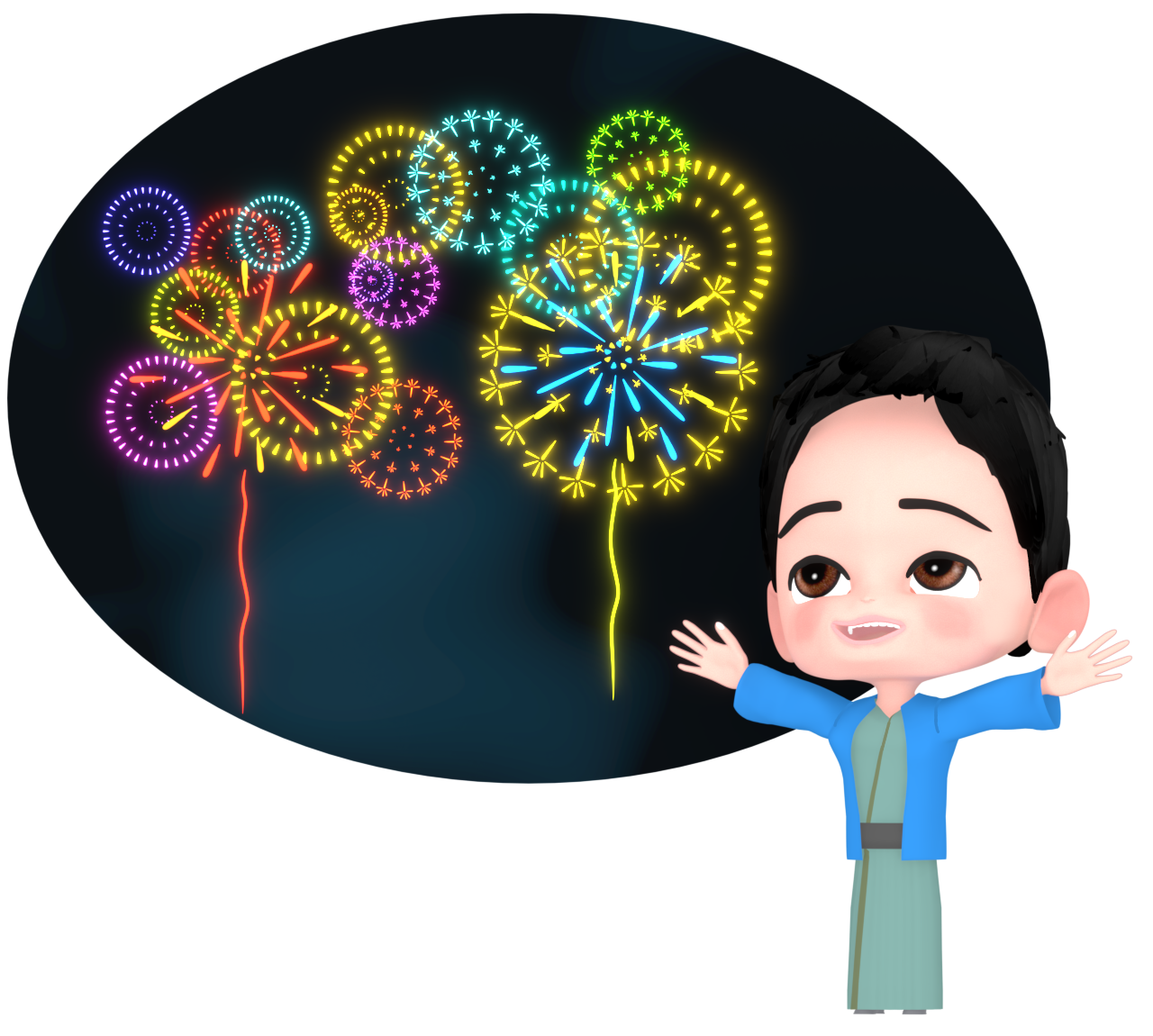 打ち上げ花火を見る男の子のイラスト