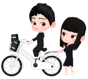 男子の自転車を押す女子のイラスト