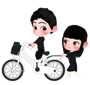 男子の自転車を押す女子のイラスト