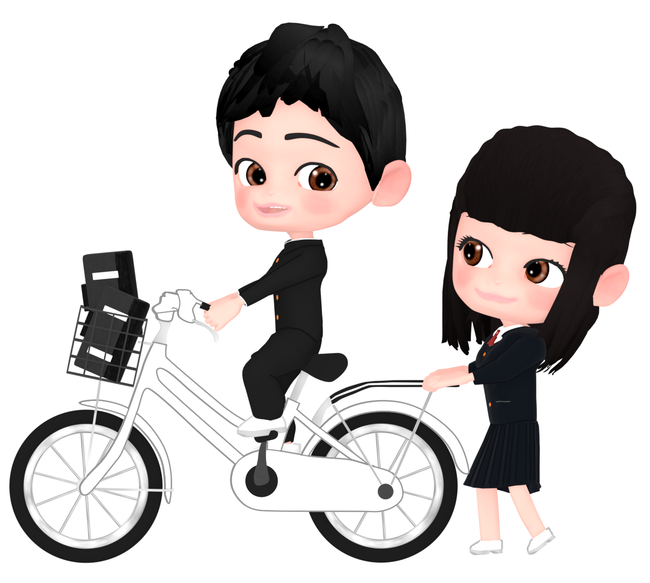 男子の自転車を押す女子のイラスト
