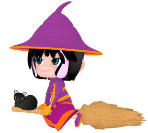 箒に乗る黒猫と魔法使いのイラスト
