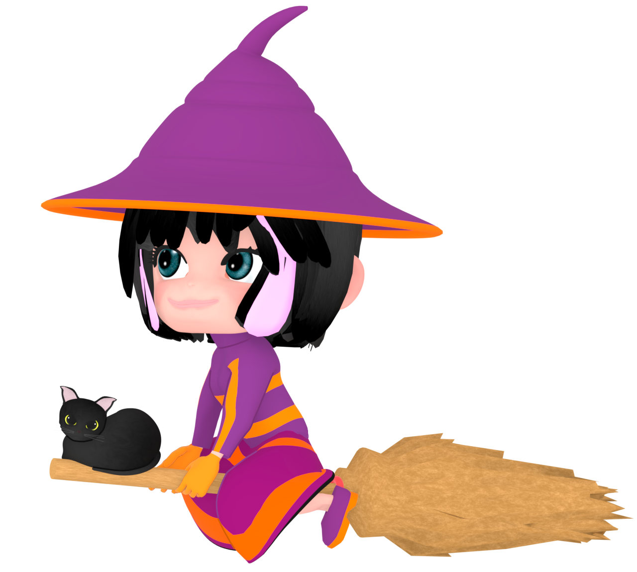 箒に乗る黒猫と魔法使いのイラスト