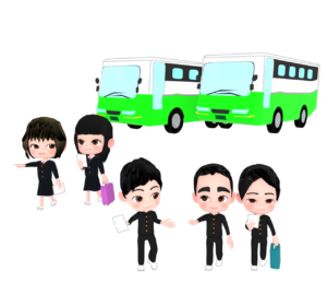 バスで移動をする修学旅行のイラスト