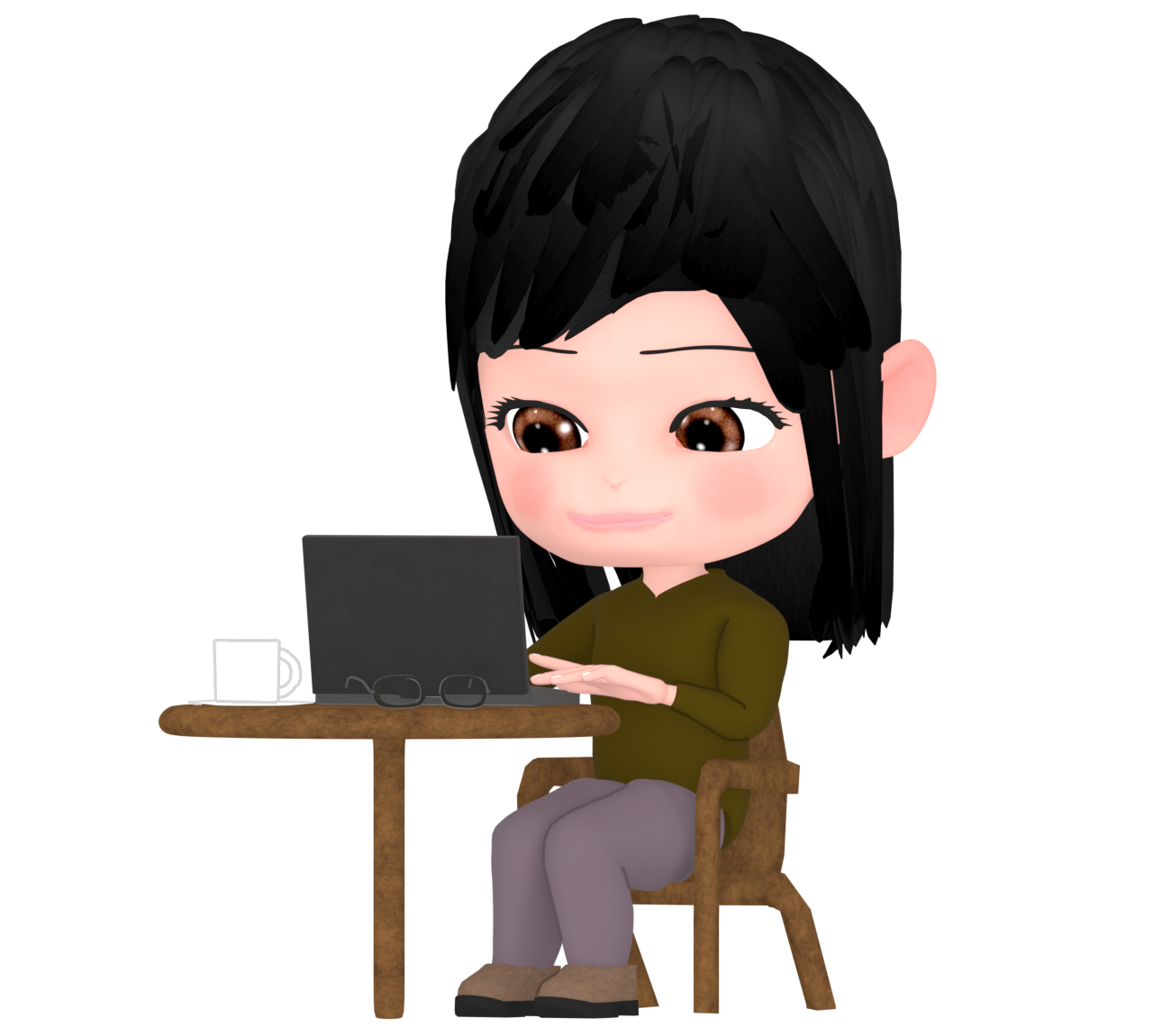 カフェでパソコンを開く女性のイラスト